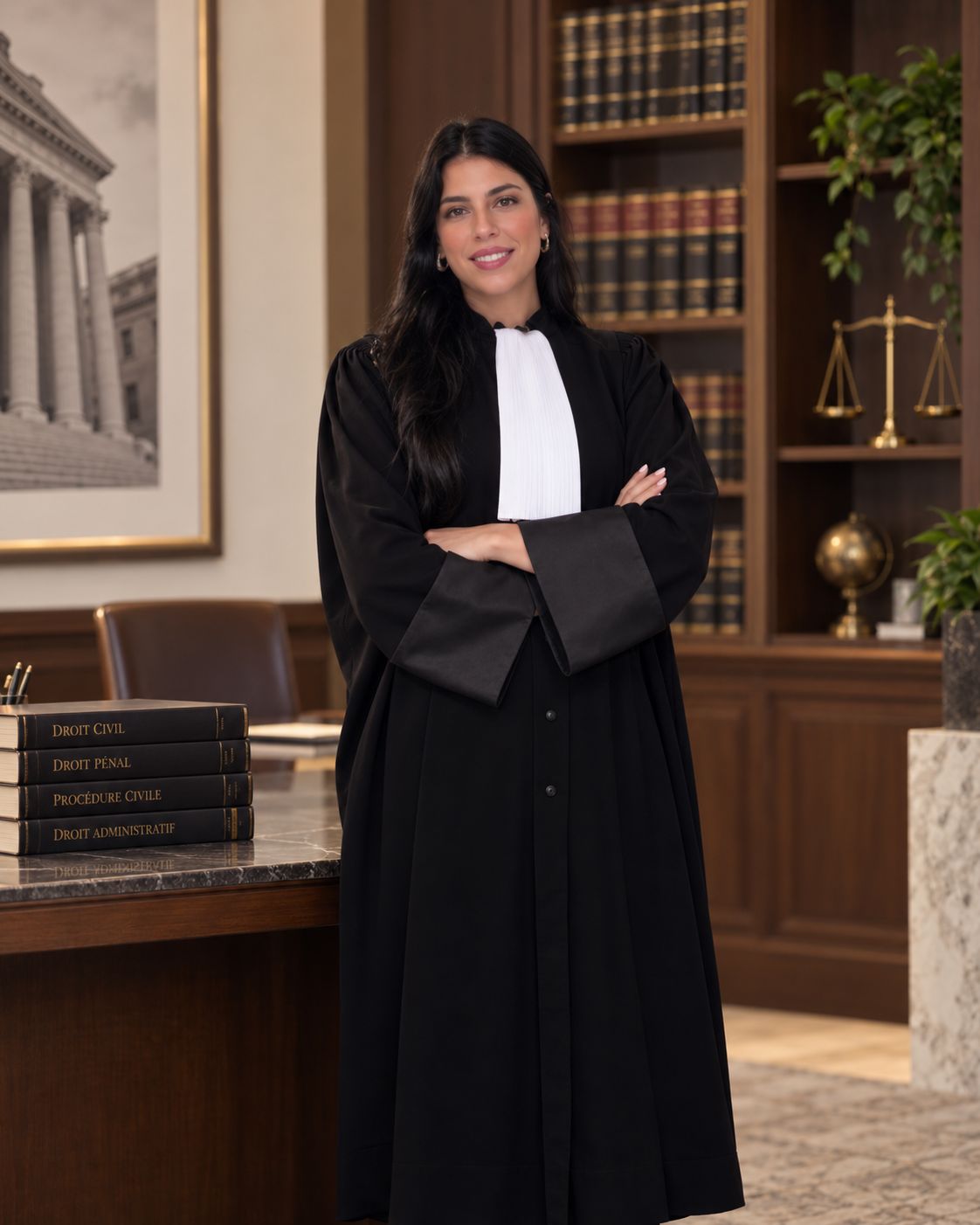 Maître Kenza Tahri, avocate, en robe d’audience dans la bibliothèque de son cabinet à Casablanca