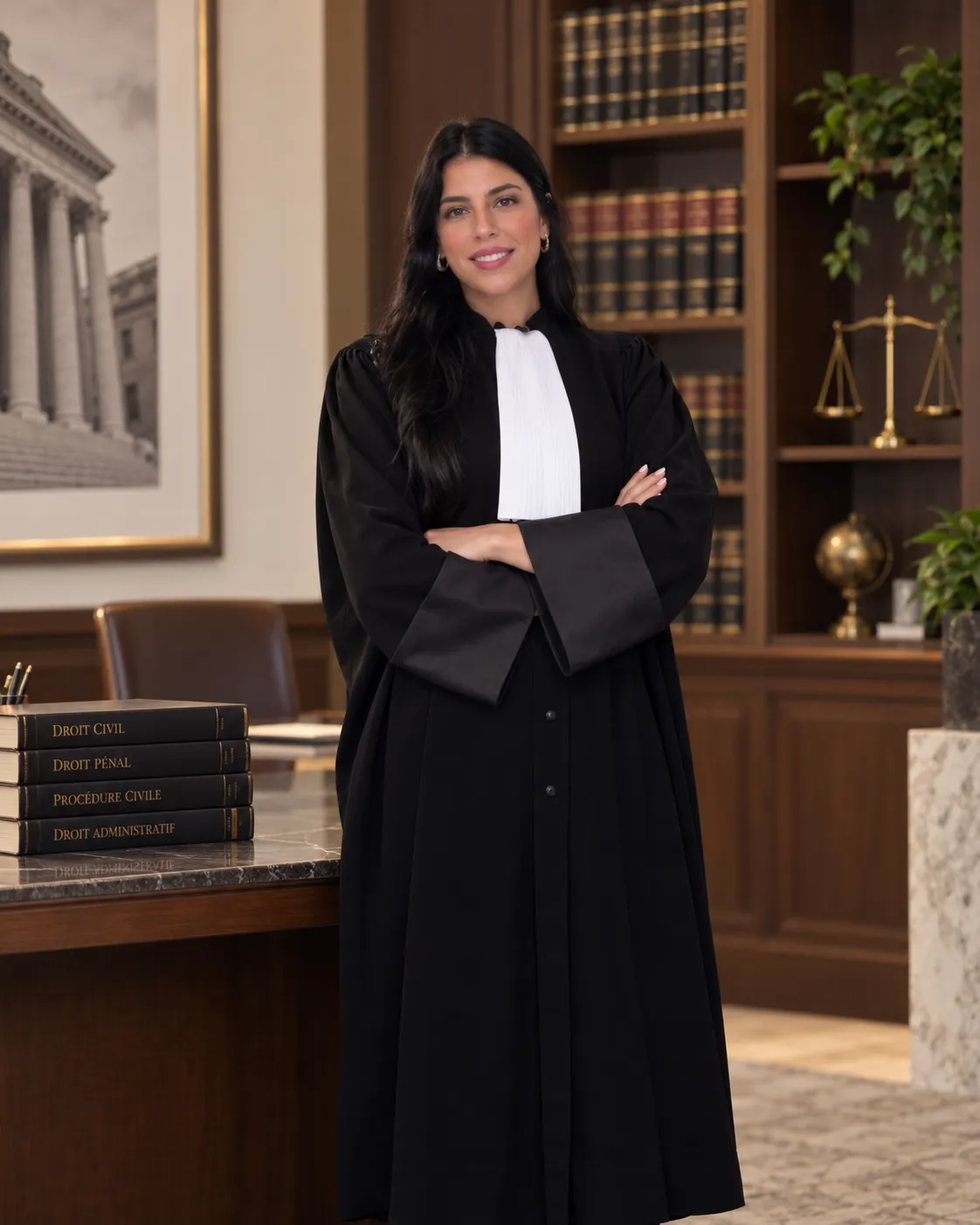 Portrait de Maître Kenza Tahri dans son cabinet, devant une bibliothèque d’ouvrages juridiques