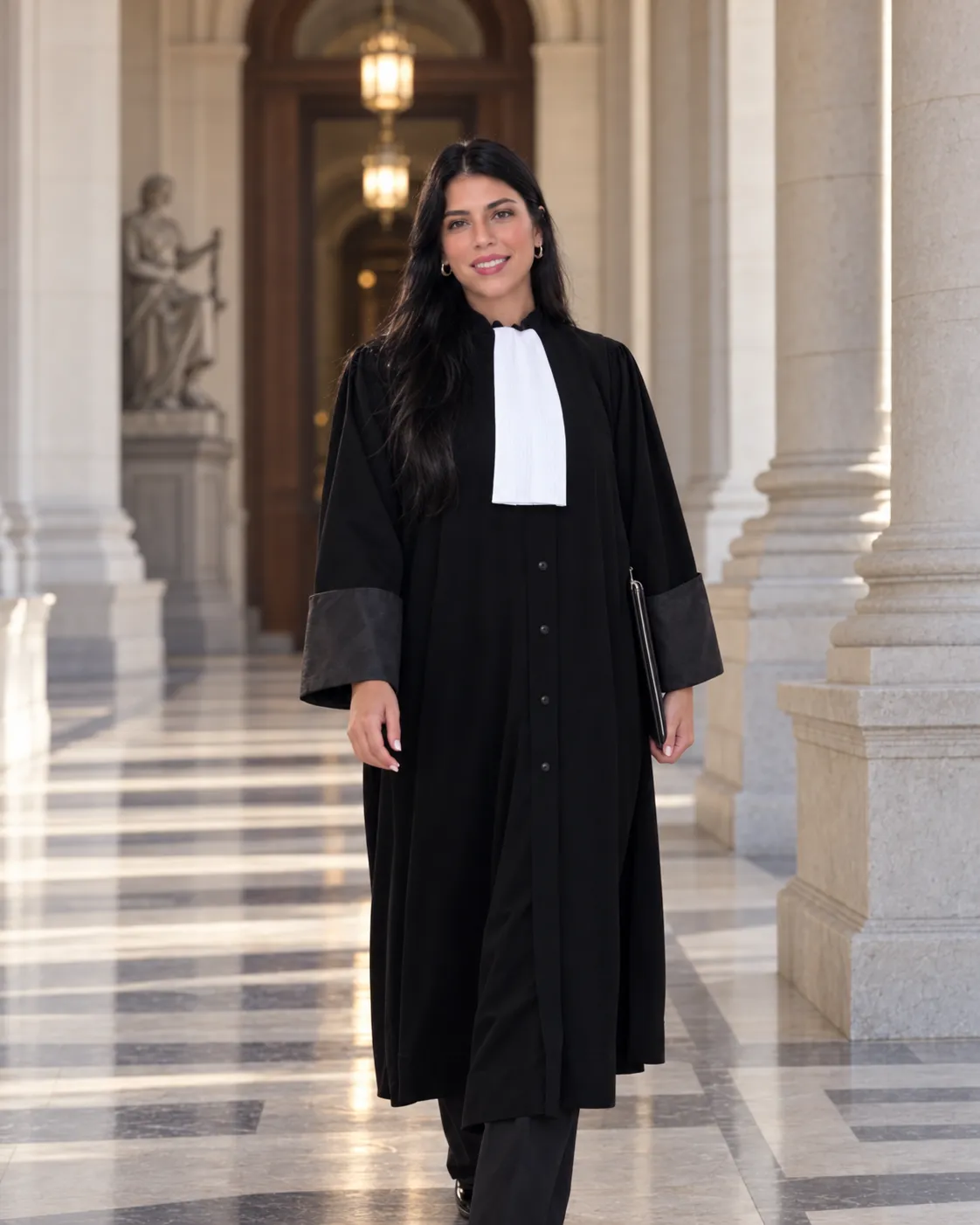 Maître Kenza Tahri marchant dans la galerie d’un palais de justice, dossier à la main
